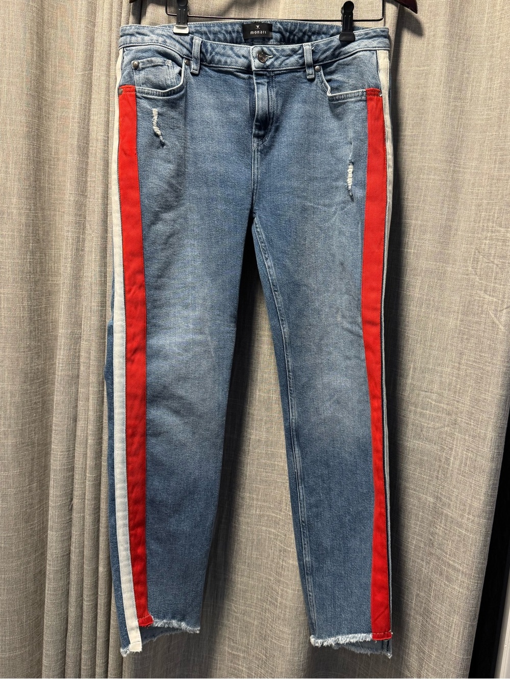 Women’s Mid Wash Jeans with Red Side Stripe